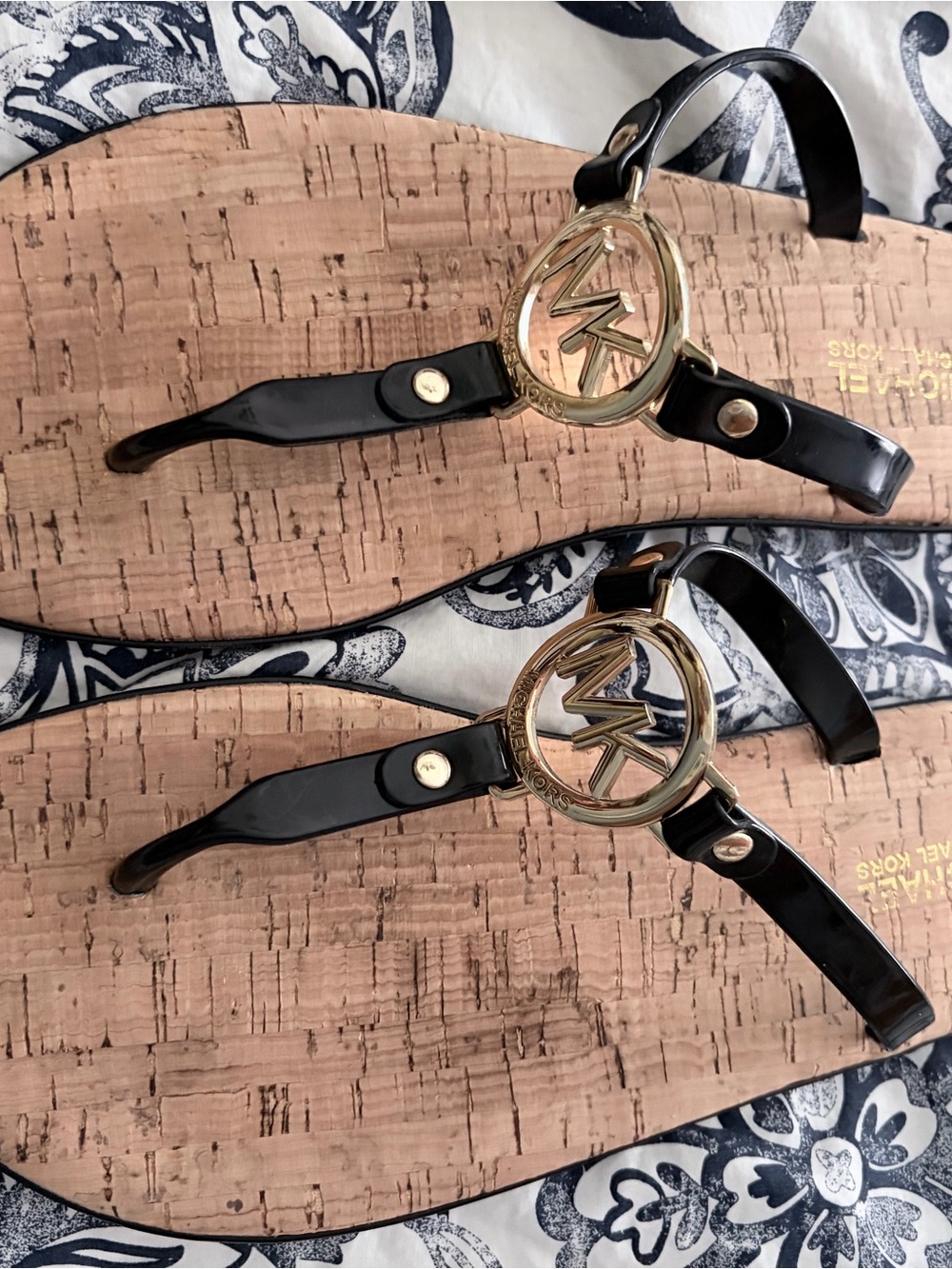 Michael Kors Black Patent Thong Sandals with Gold MK Medallions